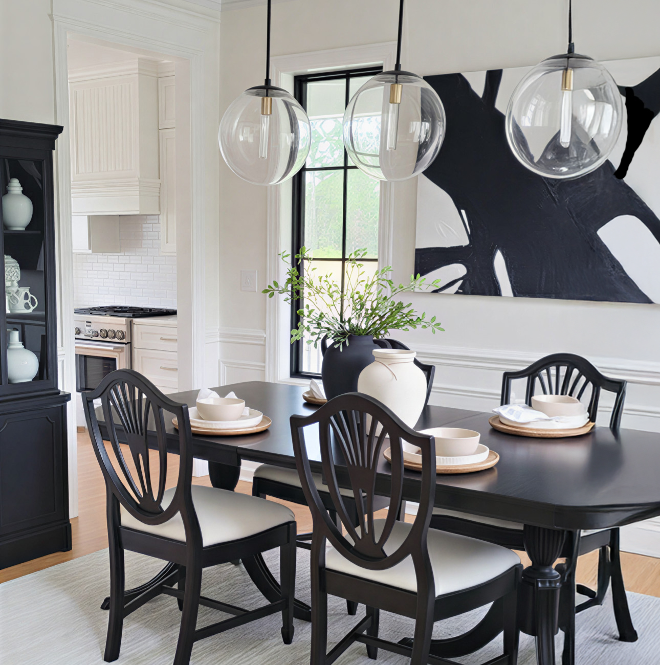 Bright living room with white sofas, a black television on a white marble fireplace, a ceiling fan, and a staircase with black railing and wooden steps.