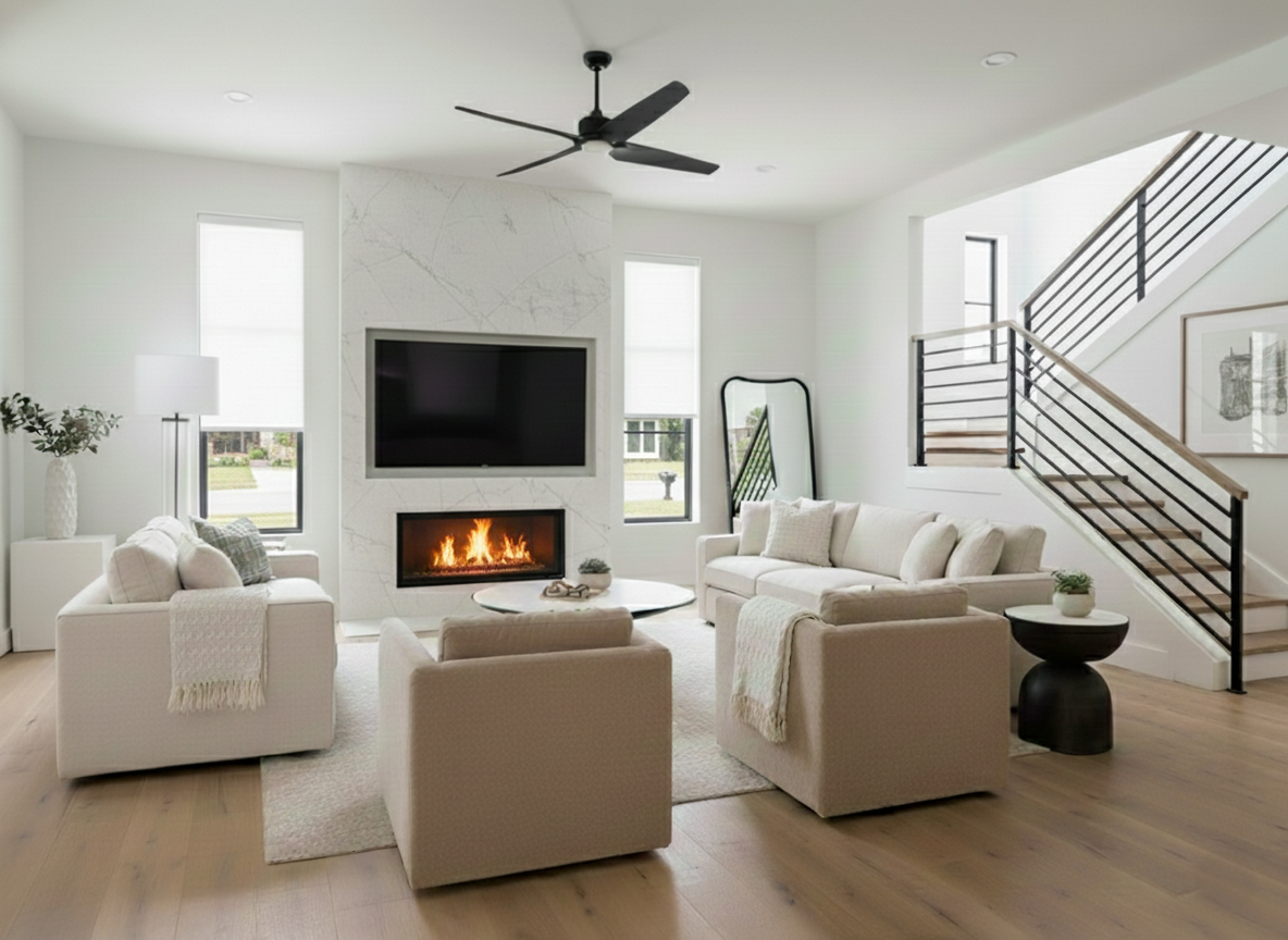 Modern living room with white sofas, a fireplace, a wall-mounted TV, large windows, a coffee table, a black side table, a standing mirror, and a staircase with black railings.