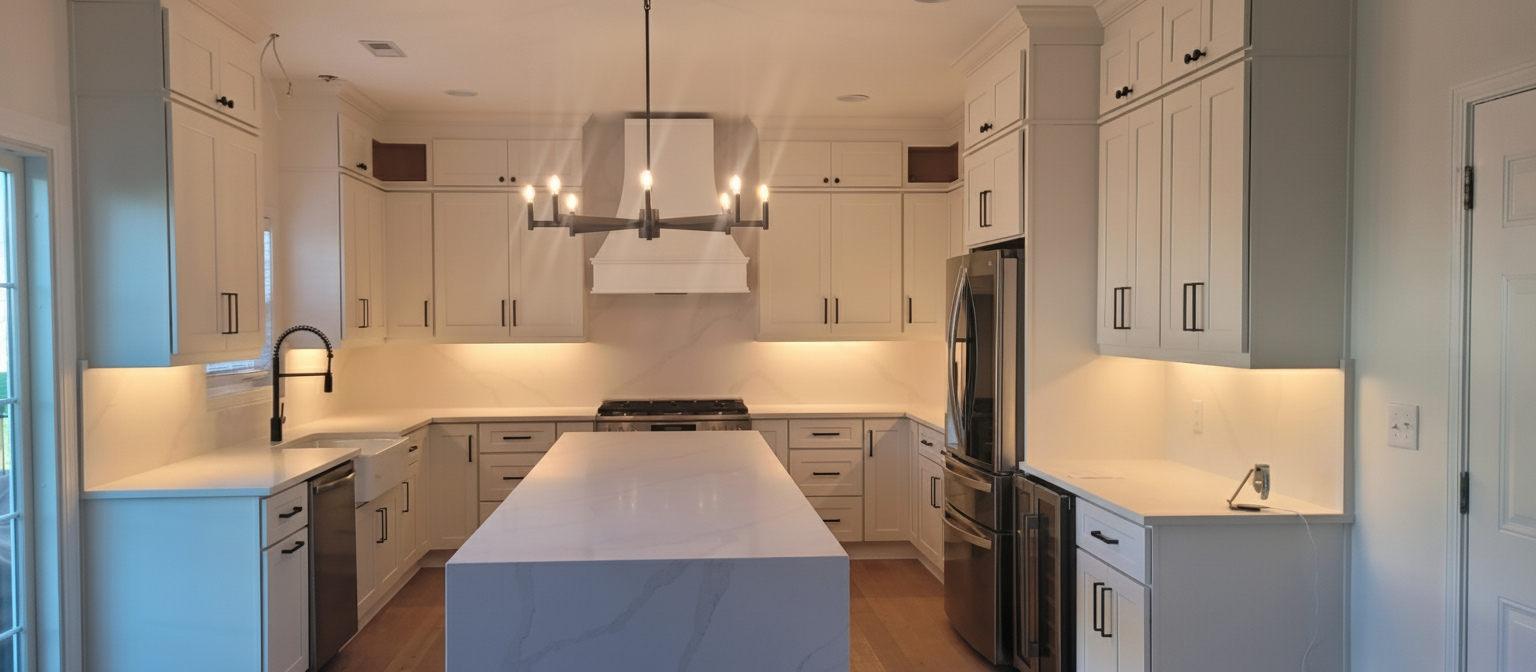 cozy neutral kitchen design featuring a long island and timeless finishes