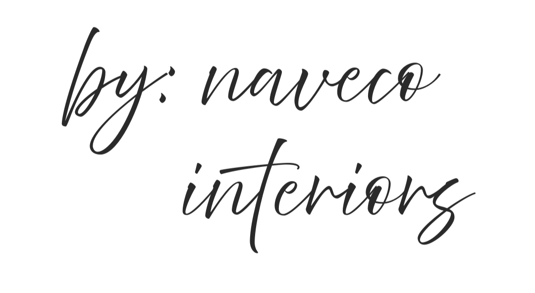 Text that says "by: navco interiors" in black cursive font on a dark background.