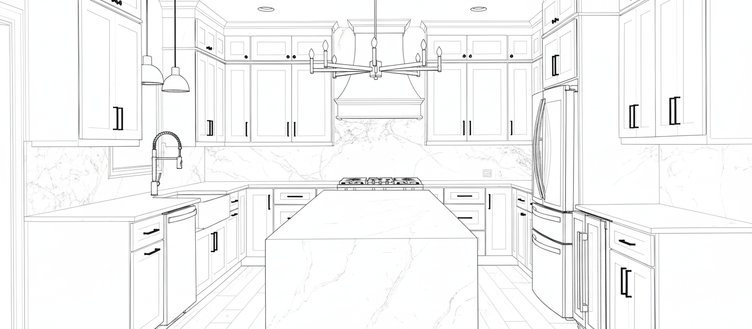 Outline sketch of a modern kitchen featuring cabinetry, a kitchen island, a stove, refrigerator, sink, pendant lights, and a ceiling chandelier.
