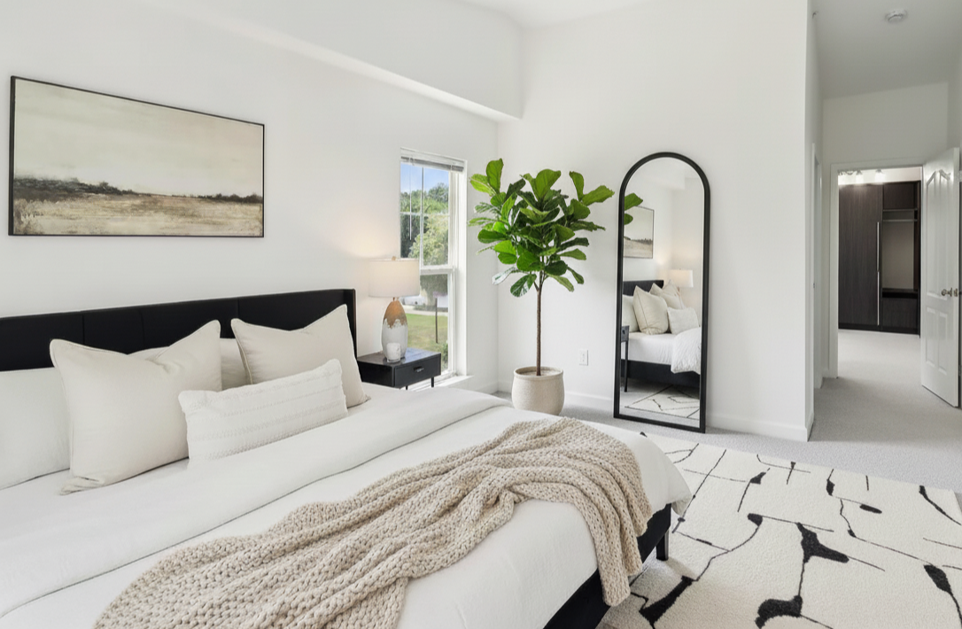 Cozy neutral bedroom interior styled with warm tones and minimalist decor