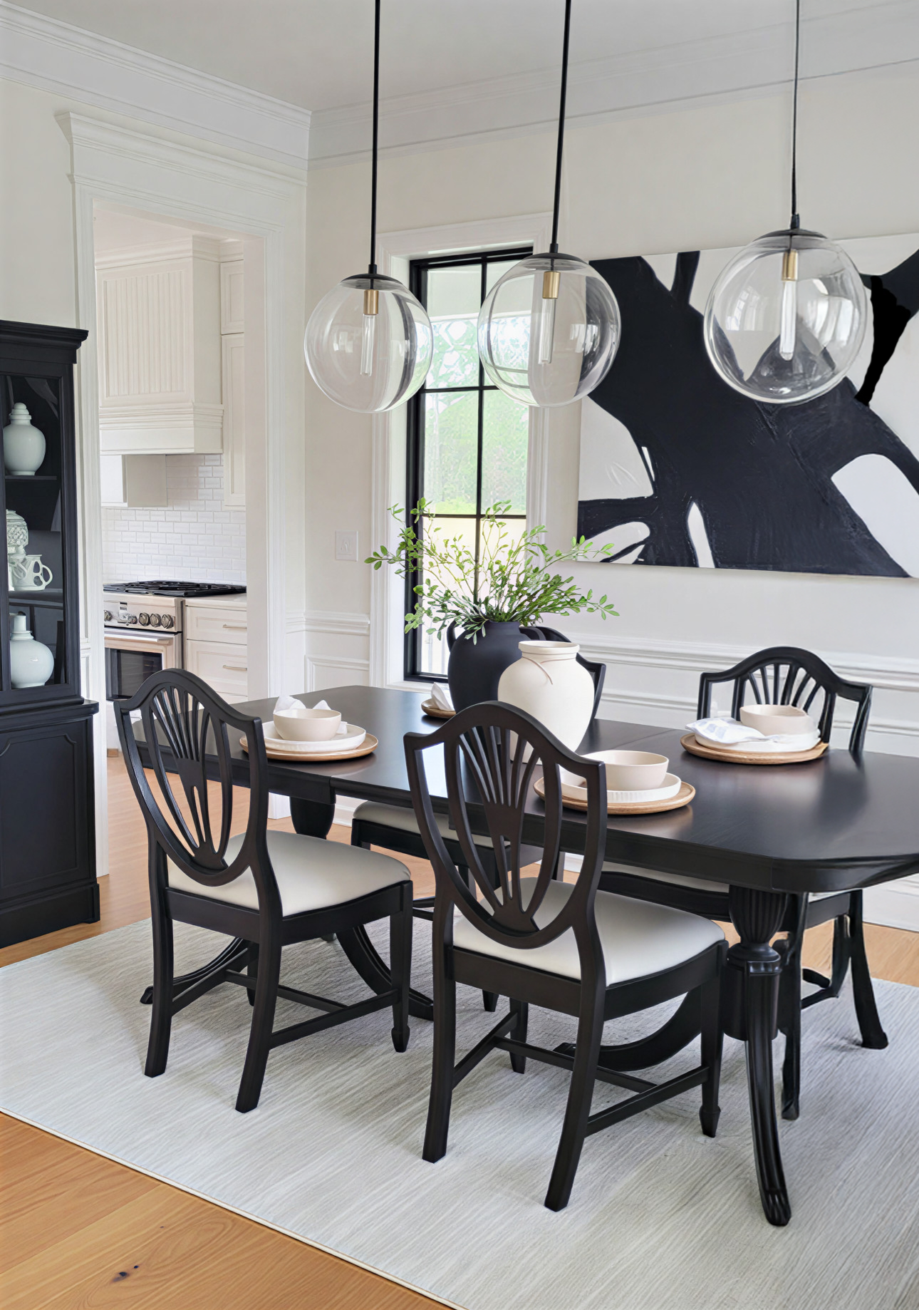 Modern organic dining room with clean lines, natural materials, and a soft neutral palette