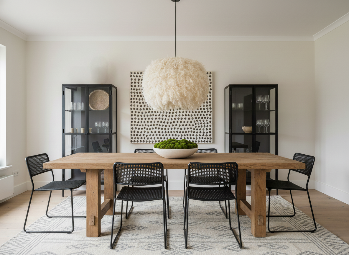 Neutral dining room design with a modern table, organic textures, and warm minimalist styling
