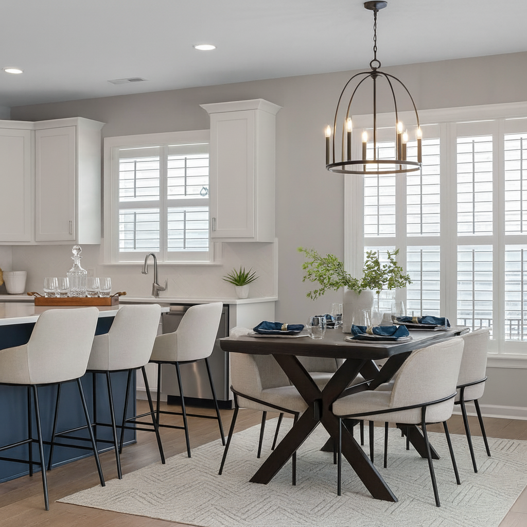 Cozy neutral dining space with thoughtfully styled table and contemporary seating