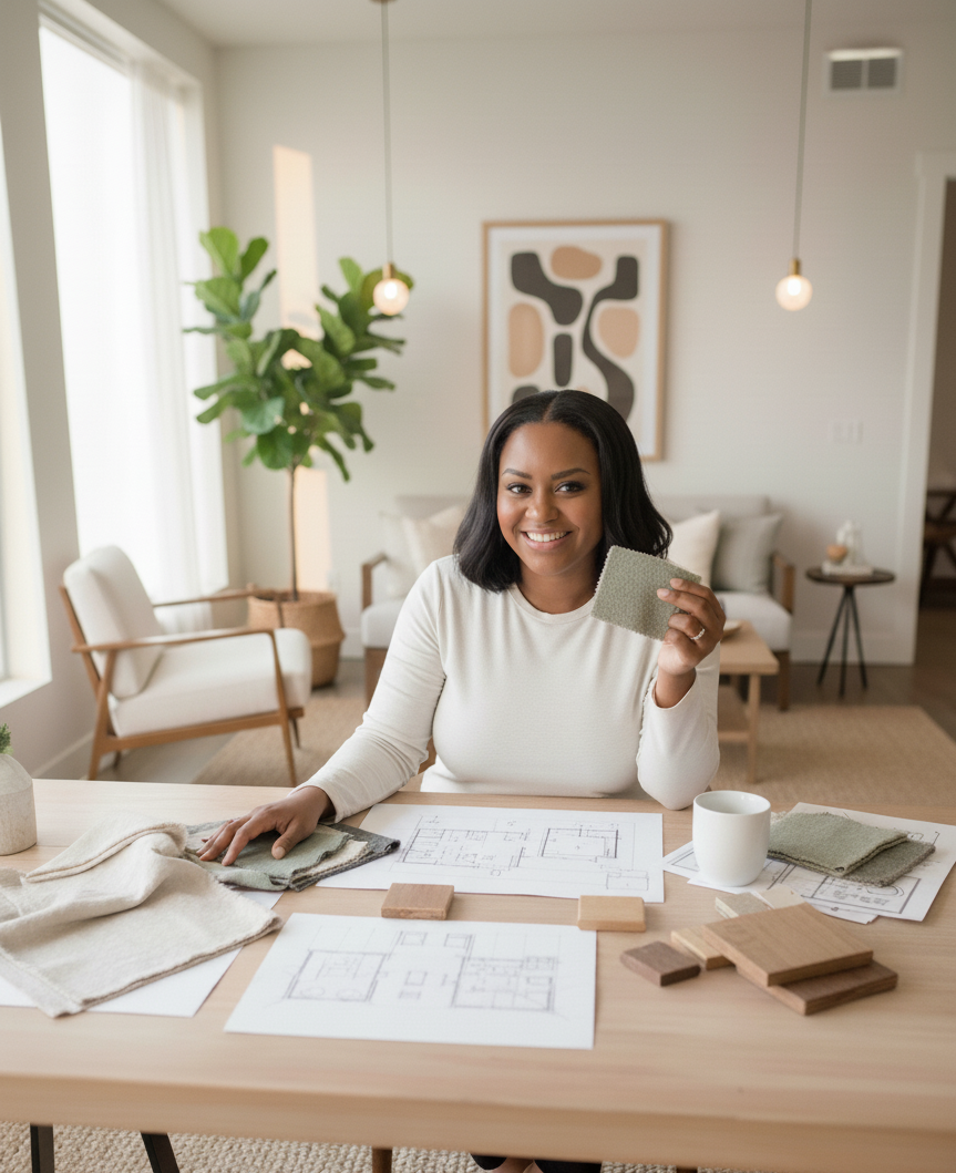 interior designer and founder of Cozy Neutral Collective in a neutral- toned studio setting