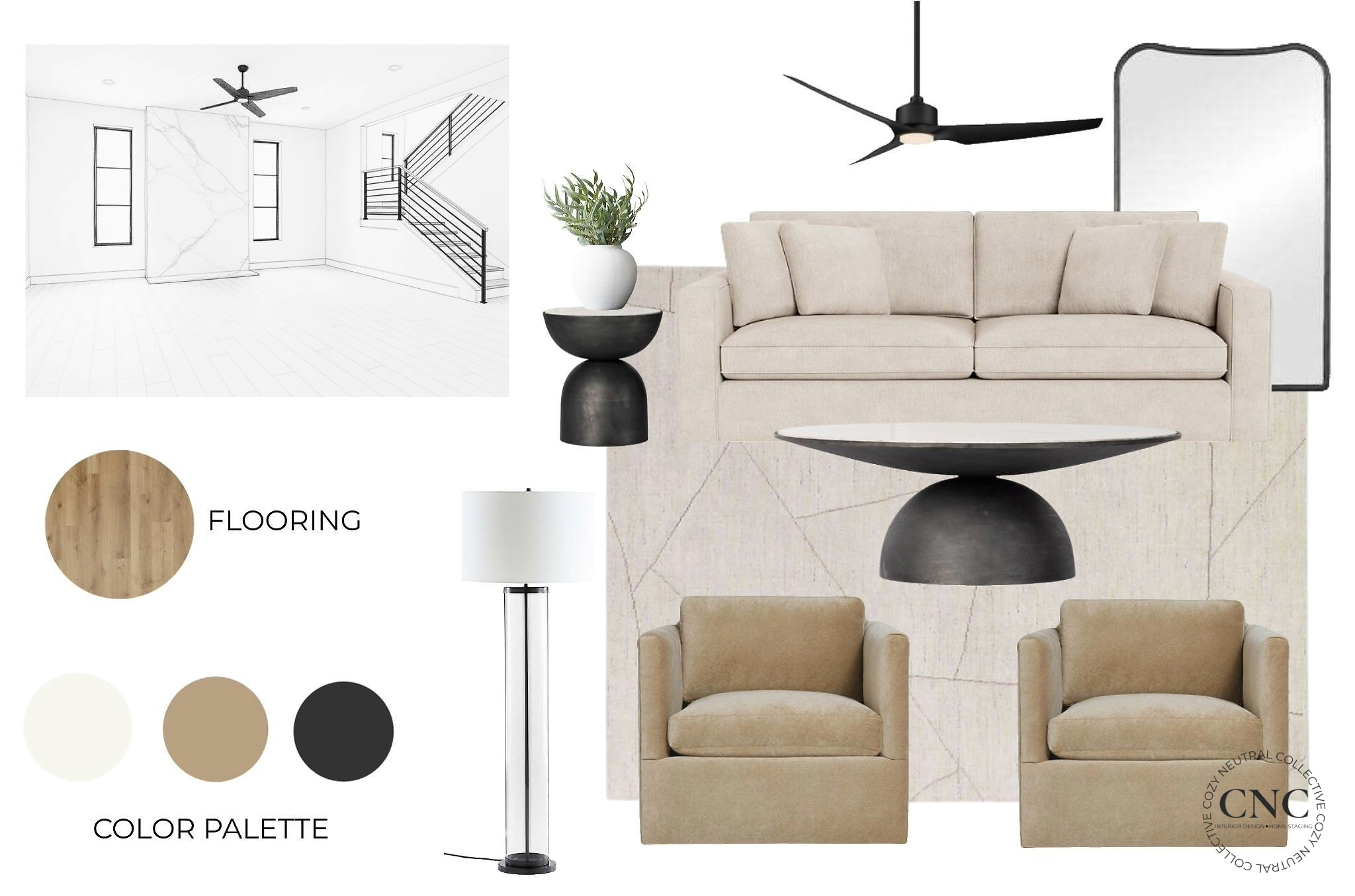 modern organic living room styled with neutral furniture, natural light and inviting details