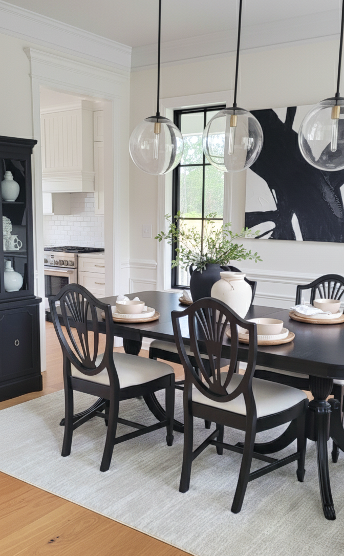 Modern organic dining room with clean lines, natural materials, and a soft neutral palette