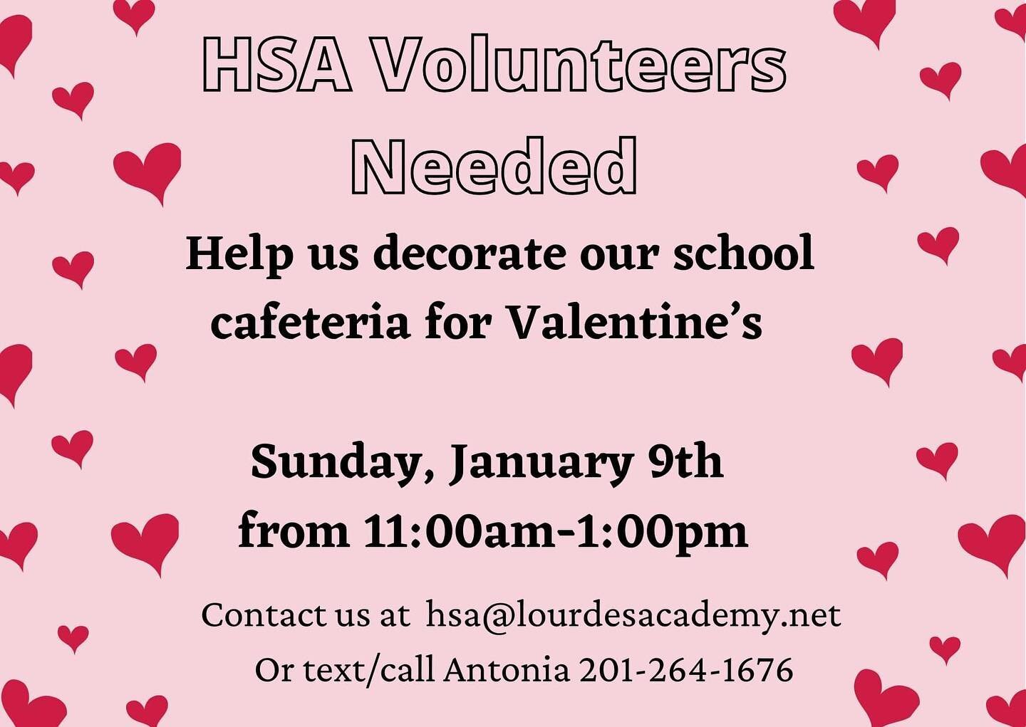 🥰 A great way to support our school and meet new families is to join the HSA decorating events!  Our HSA Board is decorating the school cafeteria on Sunday, January 9th from 11:00am to 1:00pm.  They will be pulling down Christmas decorations and jaz