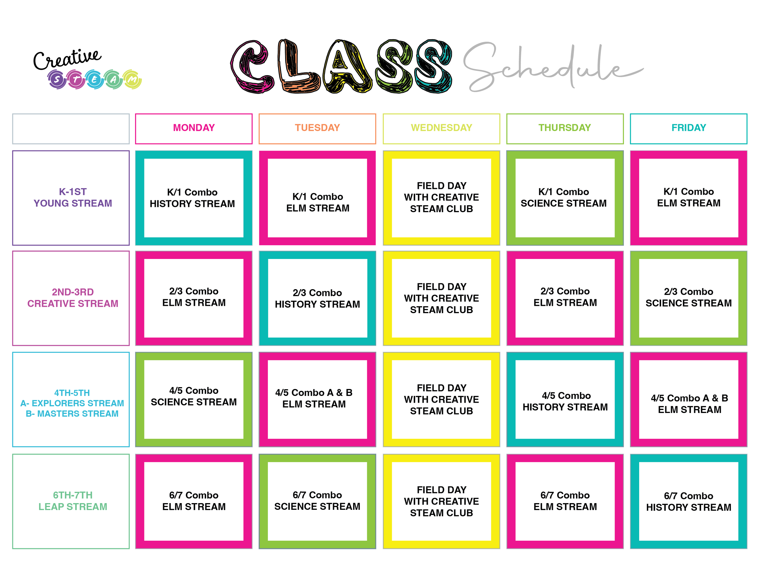 Weekly class schedule chart with colorful headers for each weekday, listing different STEM class activities for various grade groups, including combo classes, steam clubs, and special event days.