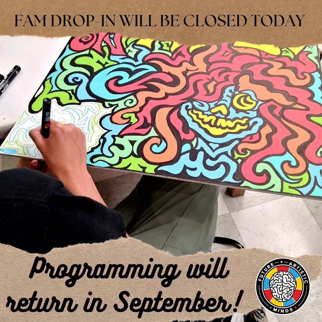 We are closed today, fam! It&rsquo;s time to take a small break from our drop-in hours after an exciting year at FAM. See you in September! 💙💛❤️

Sneak peek of some art by @beedc.art for the @drinkle3 free art wall that is currently being installed