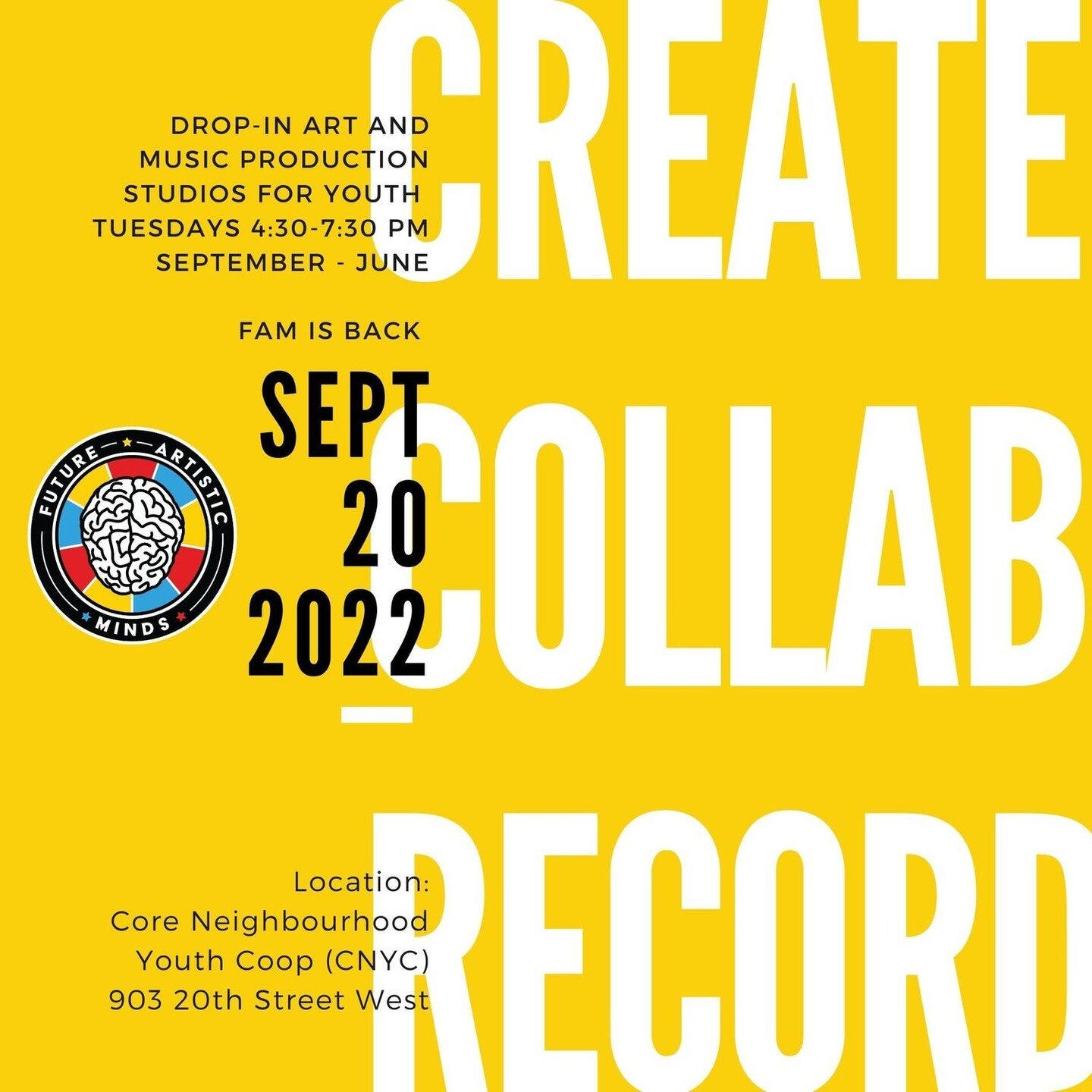 We're back next week!

Are you looking for somewhere to create, connect and collaborate with other artists? FAM offers free studio spaces for youth specializing in visual art, music production and screen printing. Spread the word!

We are located at 