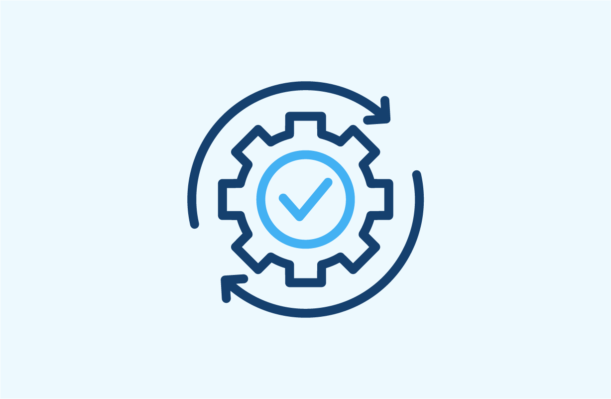 A line icon of a gear with a checkmark inside, surrounded by circular arrows indicating a cycle or process completion.