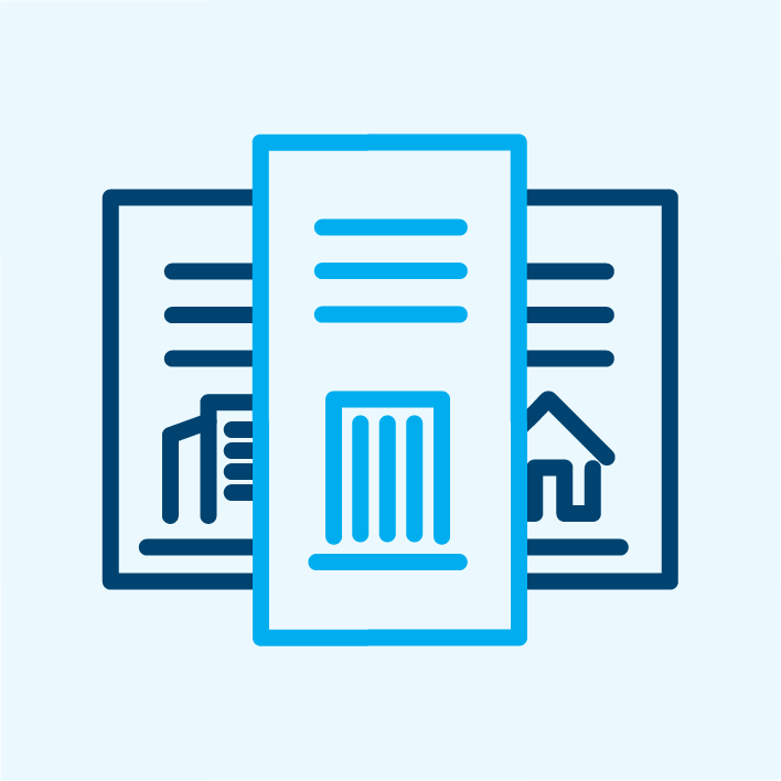 A line icon representing real estate listings with documents and house symbols.