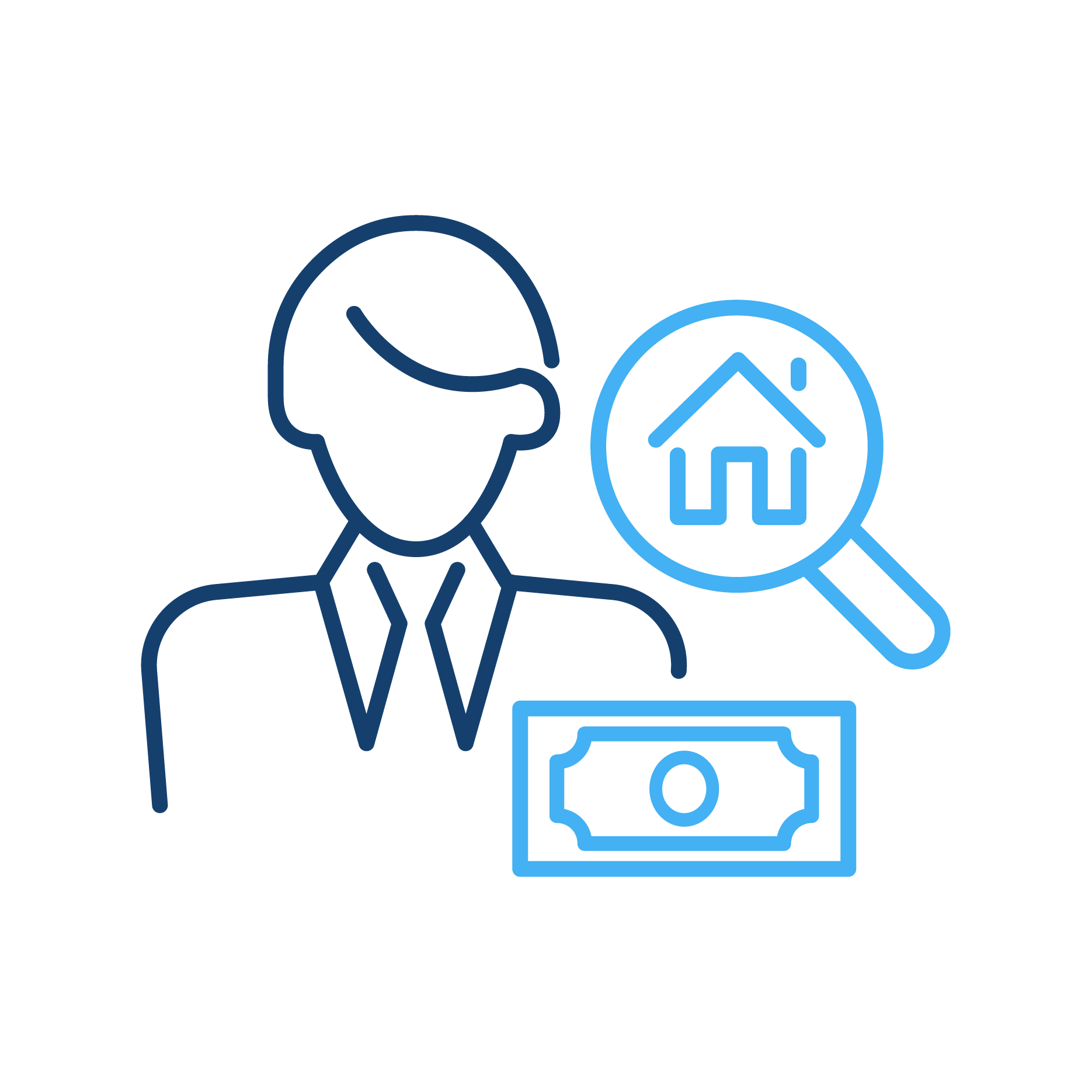 Icon of a person, a dollar, and a magnifying glass looking for a house.