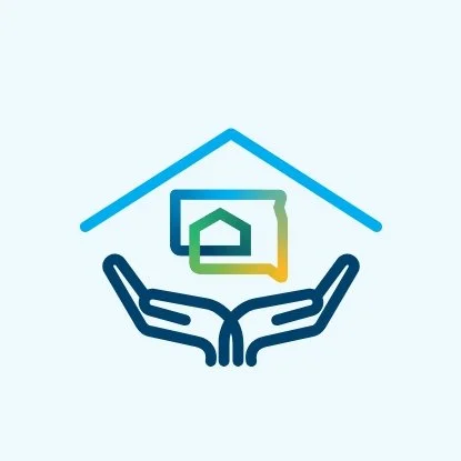 An illustration of two hands holding a house with a roof outline above, symbolizing care or support for housing or shelter