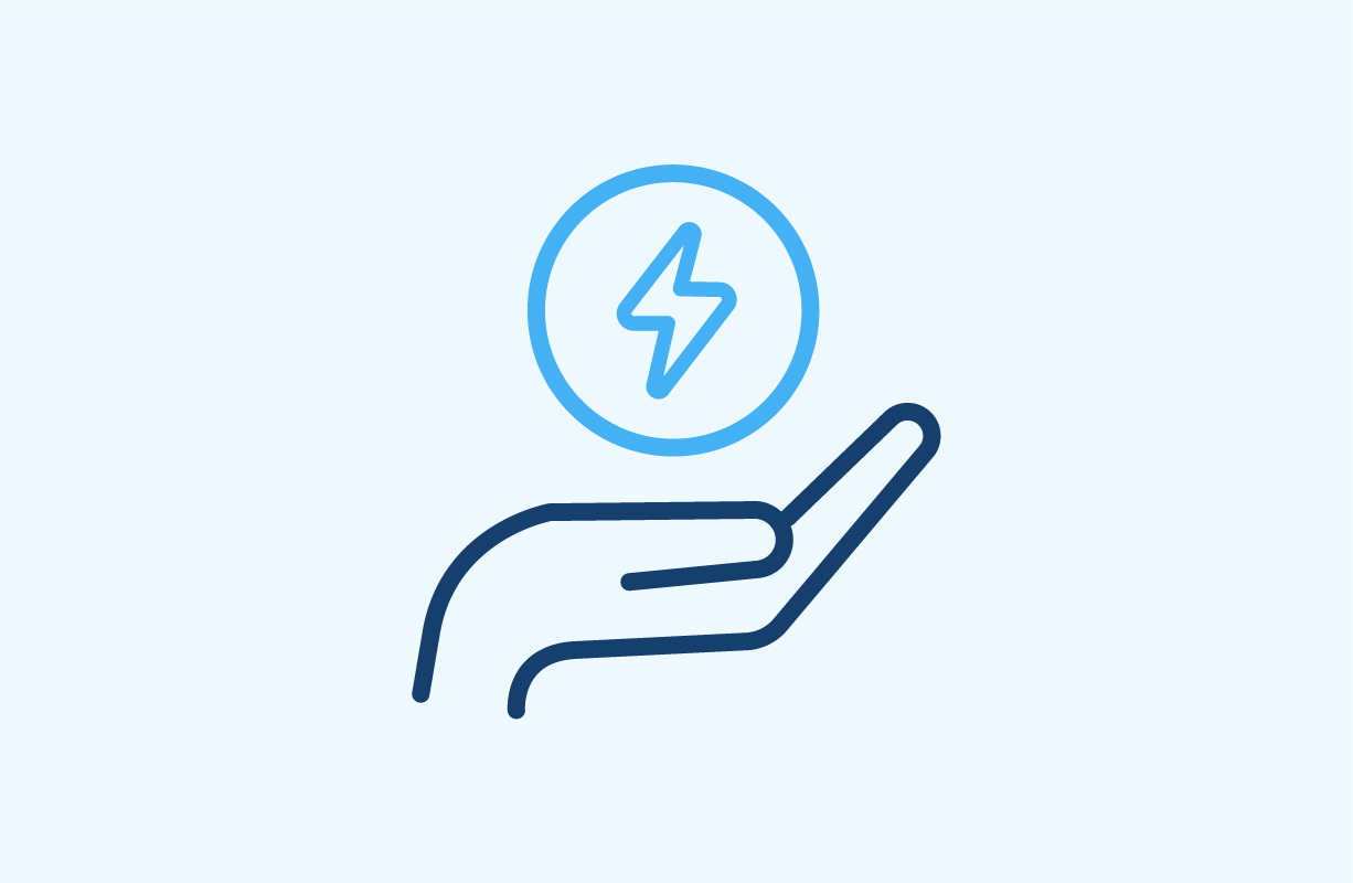 A line icon of a hand holding a smartphone with a lightning bolt symbol above it, representing electricity or charging.