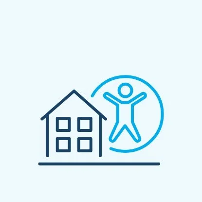 A line icon of a house with a person inside a circle next to it, the symbol for ADA, representing home or real estate.
