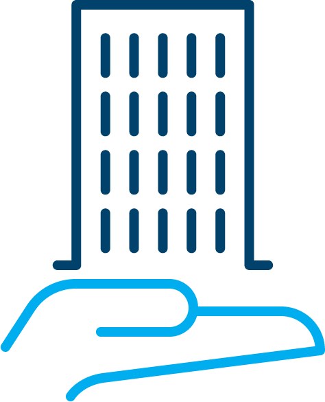 A line icon of a hand holding an apartment building.
