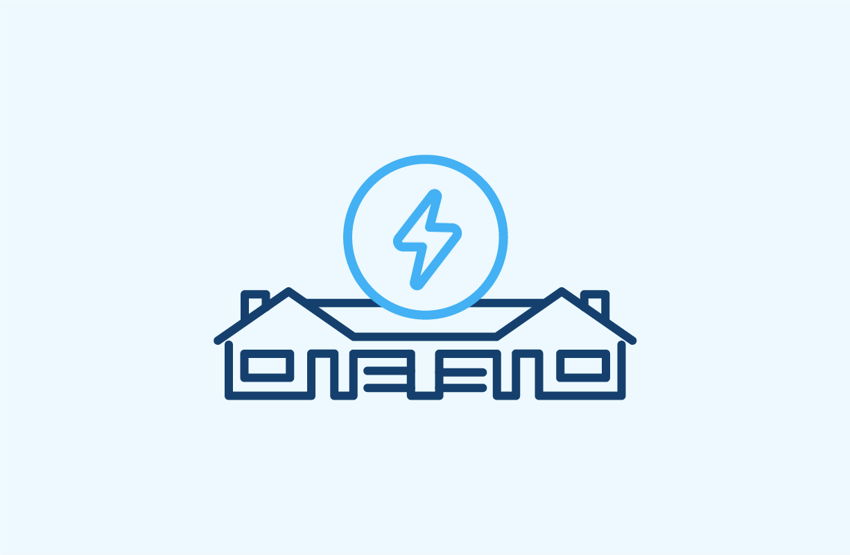 A line icon of a duplex with a lightning bolt inside a circle above, indicating energy efficiency.