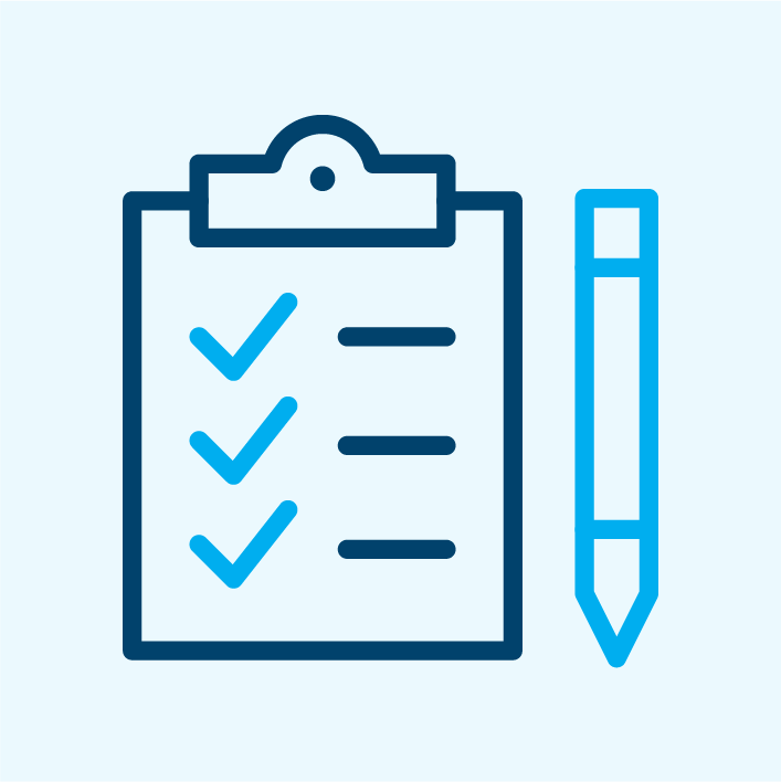 A line icon of a clipboard with three checkmarks and a pen, indicating a checklist.