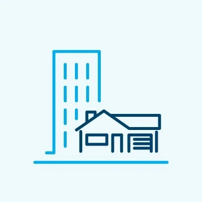 A line icon of a tall apartment building and a house with a garage.