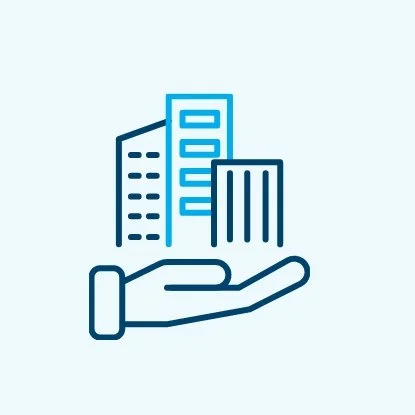 A line icon of a hand holding three stylized office buildings or skyscrapers, representing real estate or property management.