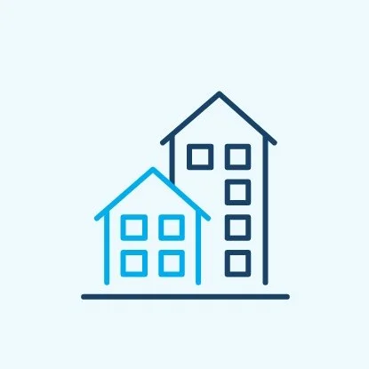 A line icon of two houses with multiple windows, one smaller and one taller, on a light blue background.