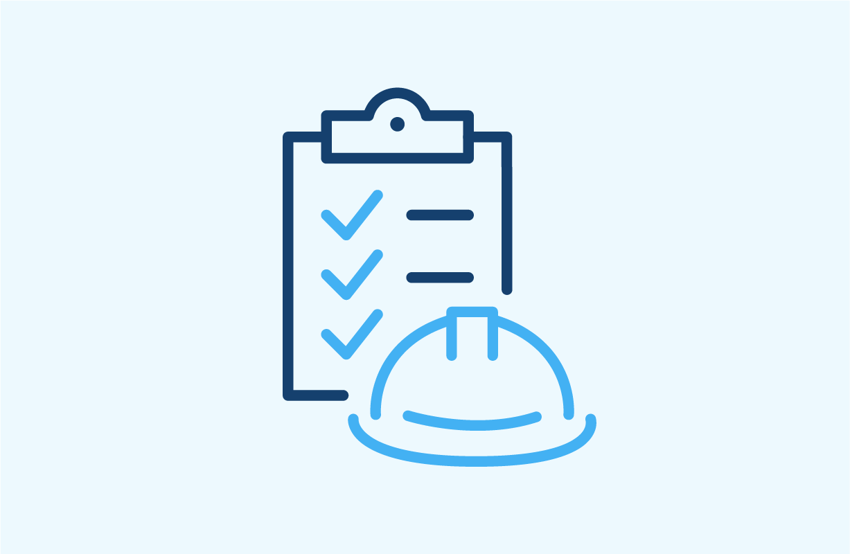 A line icon checklist on a clipboard with a safety helmet, representing safety inspection or safety standards.