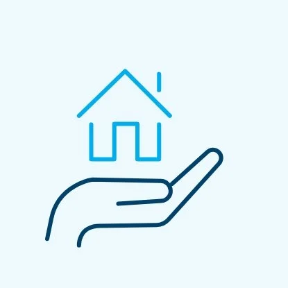 A simple blue line icon of a hand holding a house icon with a pitched roof.