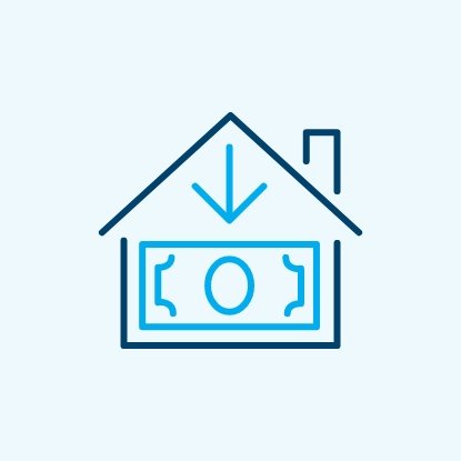A line icon of a house with a dollar bill and a downward arrow inside, indicating downpayment assistance for a house.