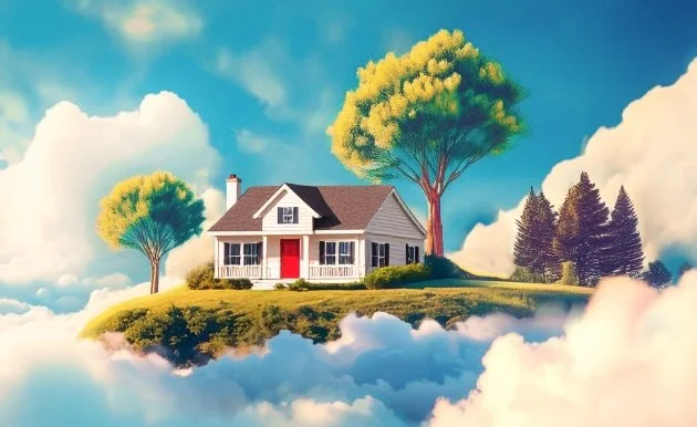 AI generated home on a floating island with trees and some landscaping.