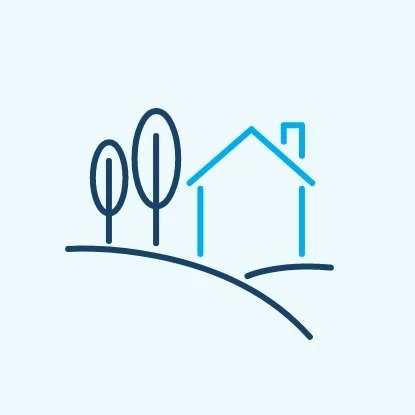 Minimalist line icon of a house with a chimney and two trees on a hill.