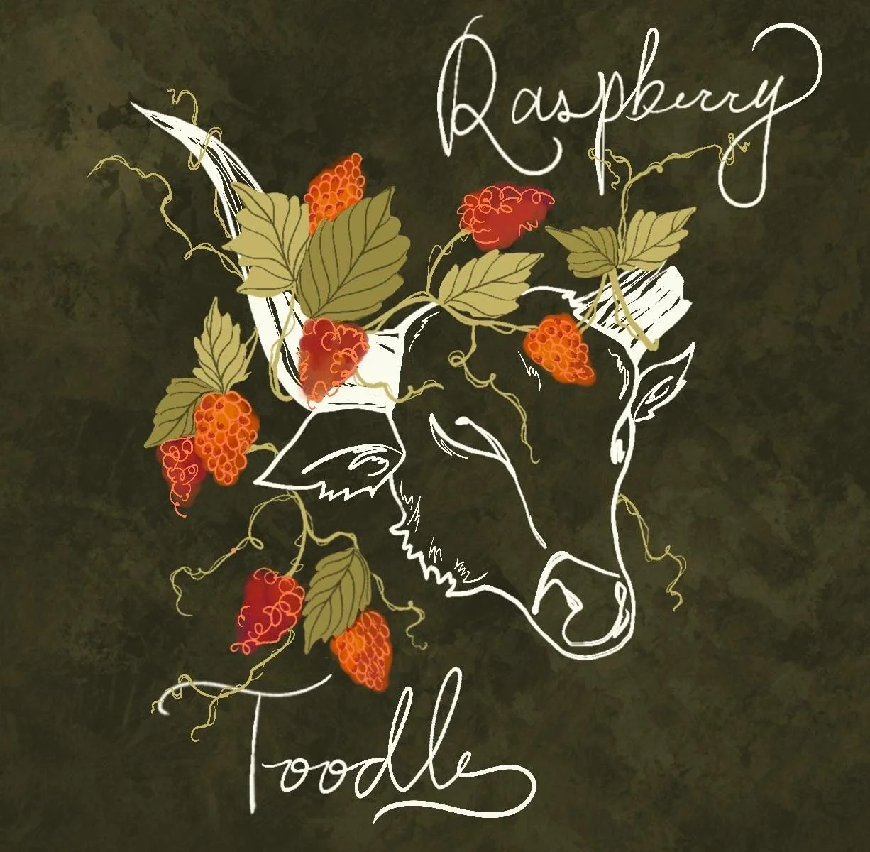 Illustration of a cow's face with raspberry leaves and berries, with the words 'Raspberry Toodle' written in cursive.