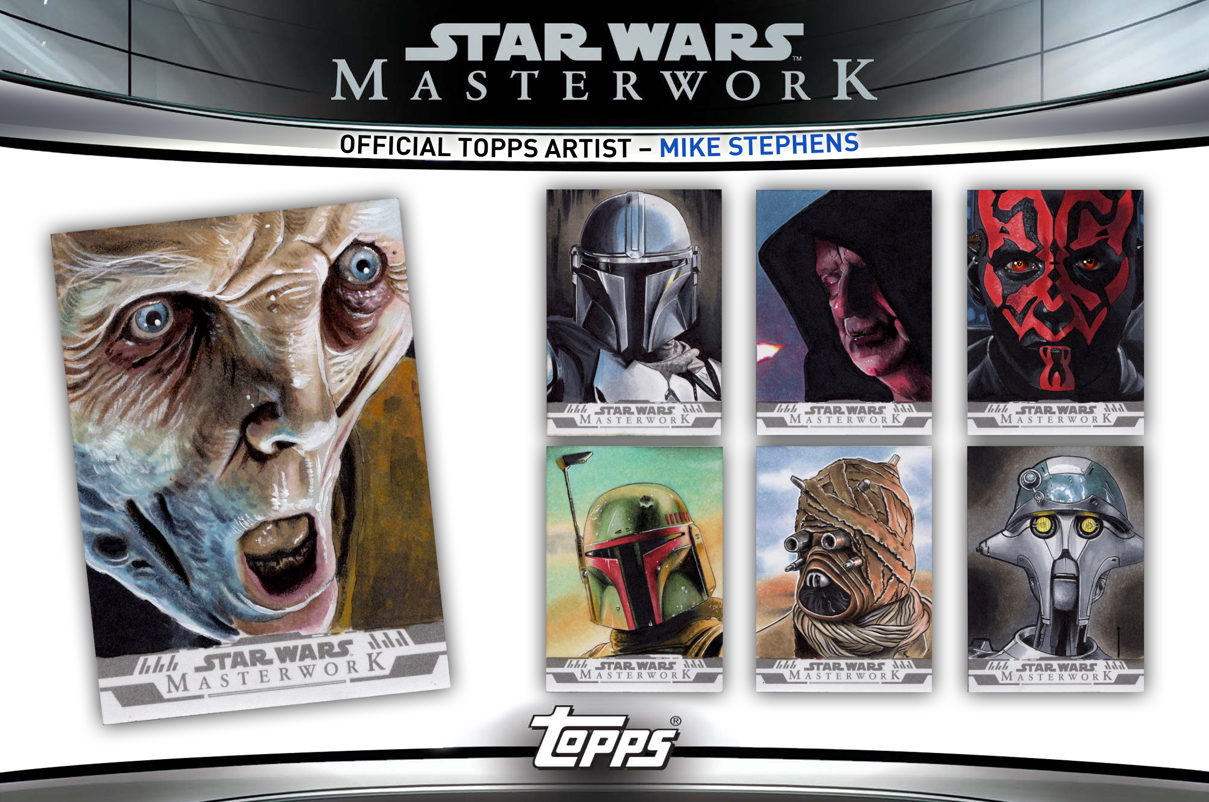 Collection of Star Wars Masterwork trading cards featuring artwork of various characters including Yoda, Mandalorian, Darth Maul, Boba Fett, Wookiee, IG-11, and K-2SO, with a large Yoda card on the left.