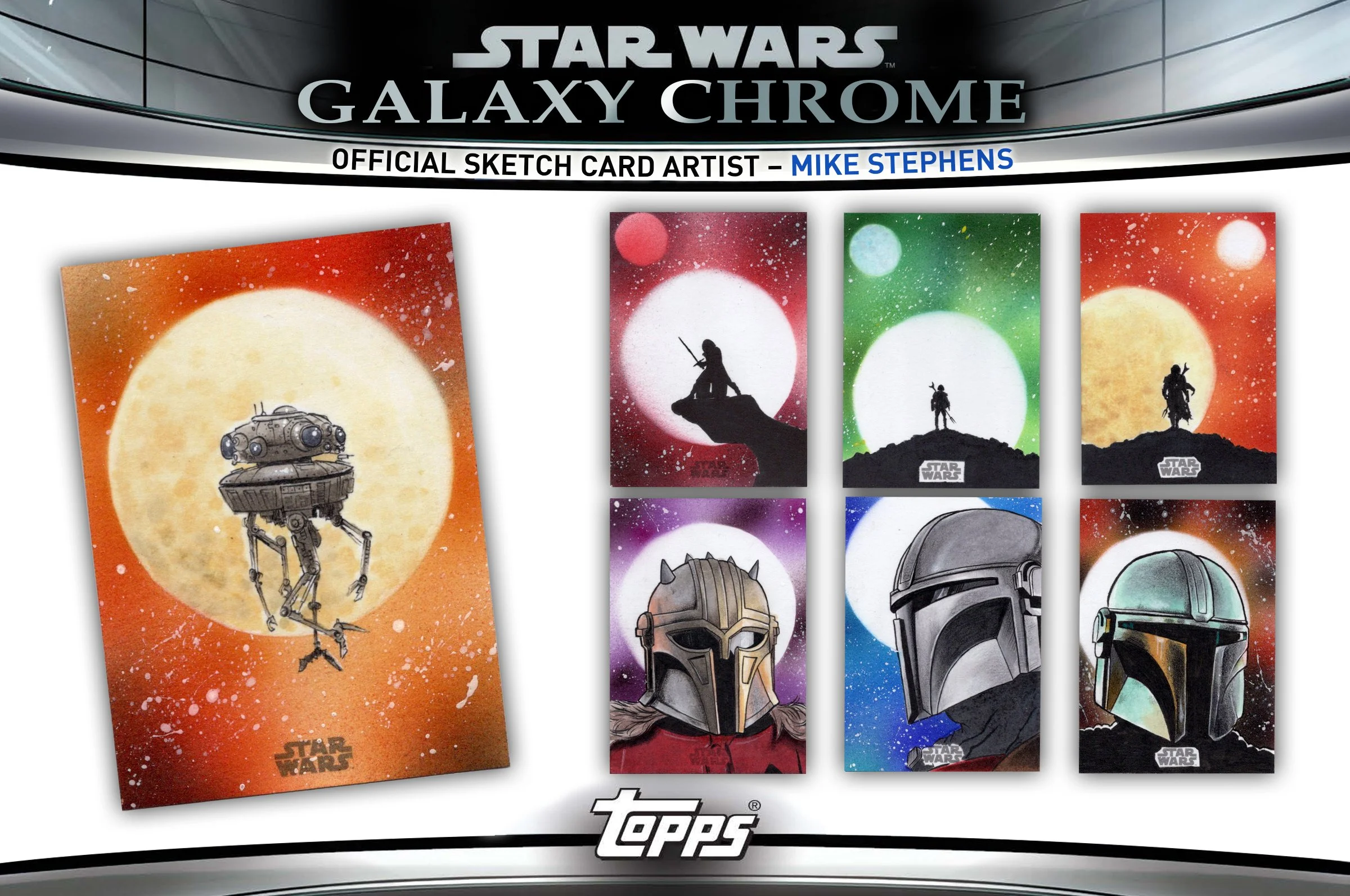 Collection of Star Wars Galaxy Chrome collectible cards featuring characters and scenes, including a robot, a Jedi, Mandalorian, helmeted characters, and space backgrounds with moons and stars.