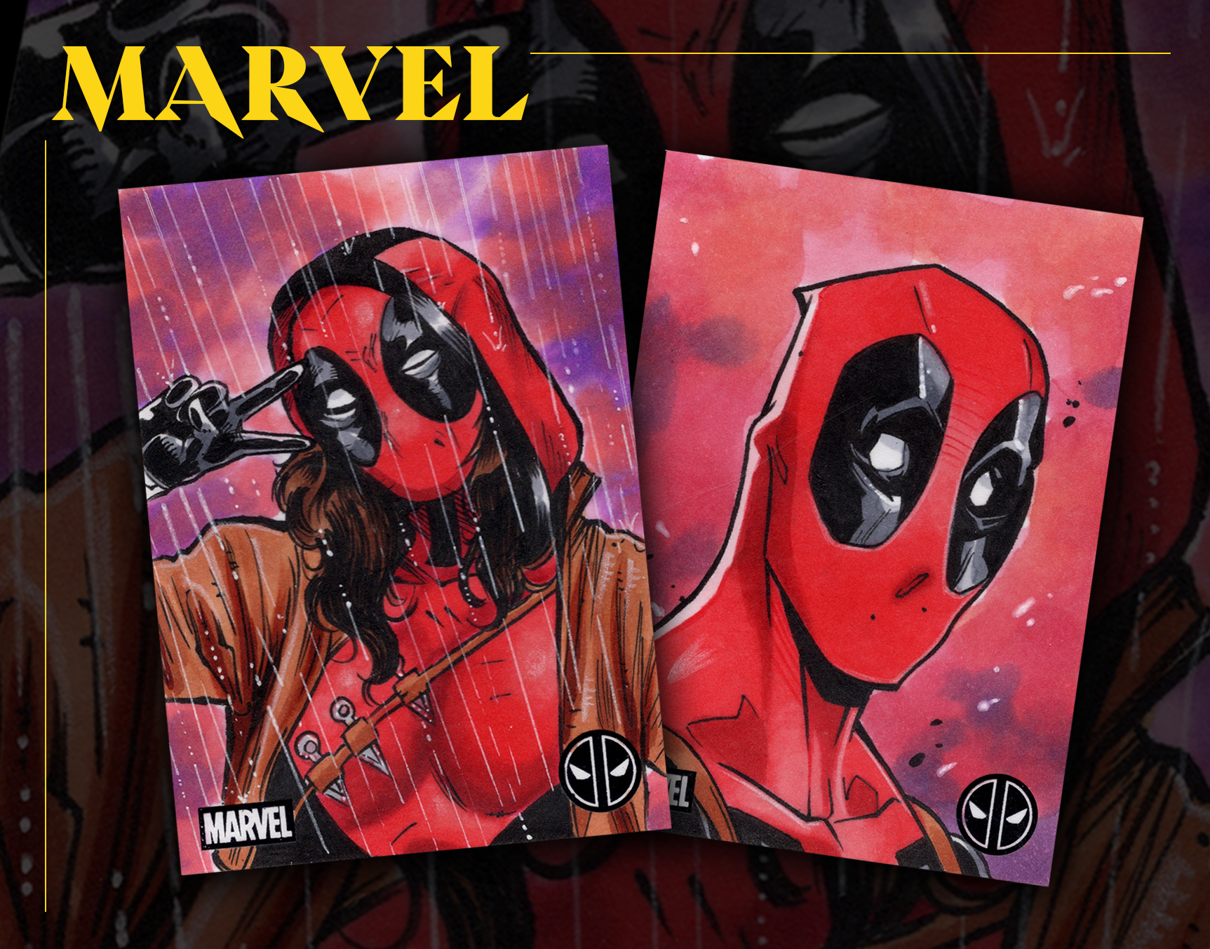 Two superhero illustrated posters featuring Deadpool. The left poster shows Deadpool in rain, making a peace sign, with brown hair, black gloves, and a red suit, with a brown jacket. The right poster shows Deadpool's face with a red mask, black eye patches, and a neutral expression. Both posters have Marvel and Deadpool logos.