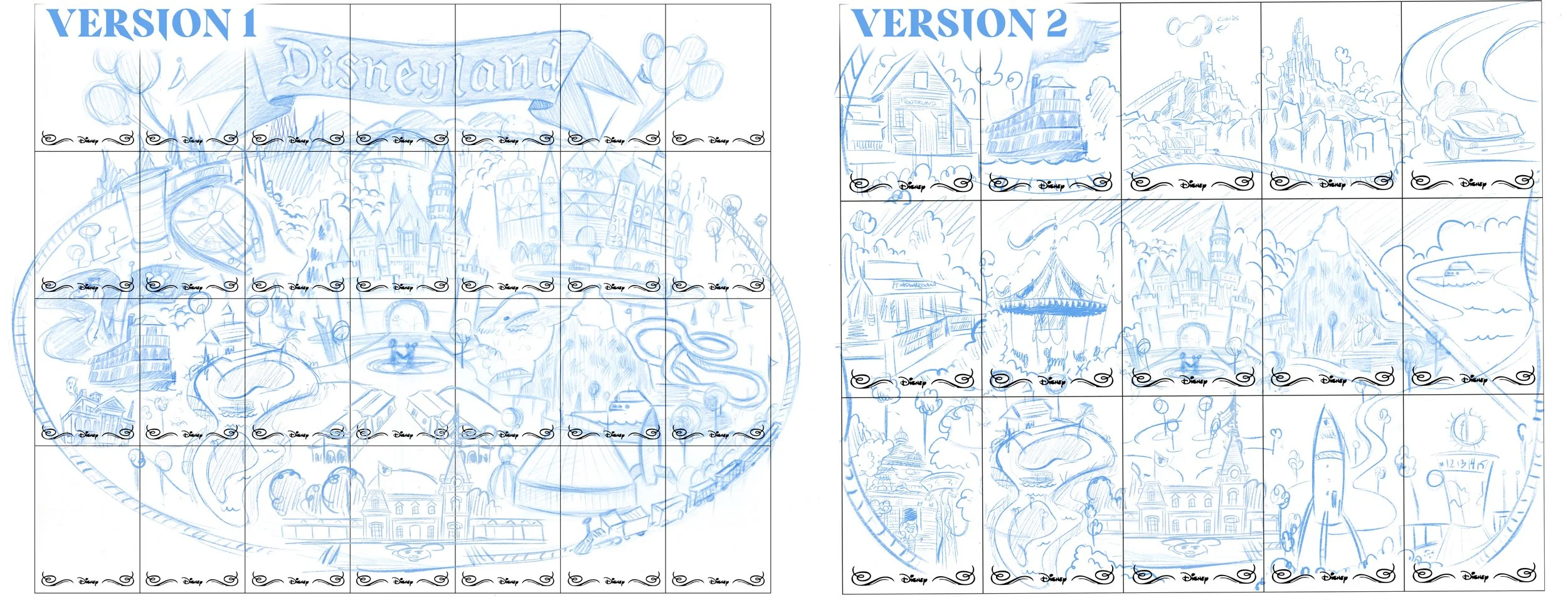 Sketches of two different Disneyland park layouts, labeled 'Version 1' and 'Version 2', showing various attractions and areas in a cartoonish style.