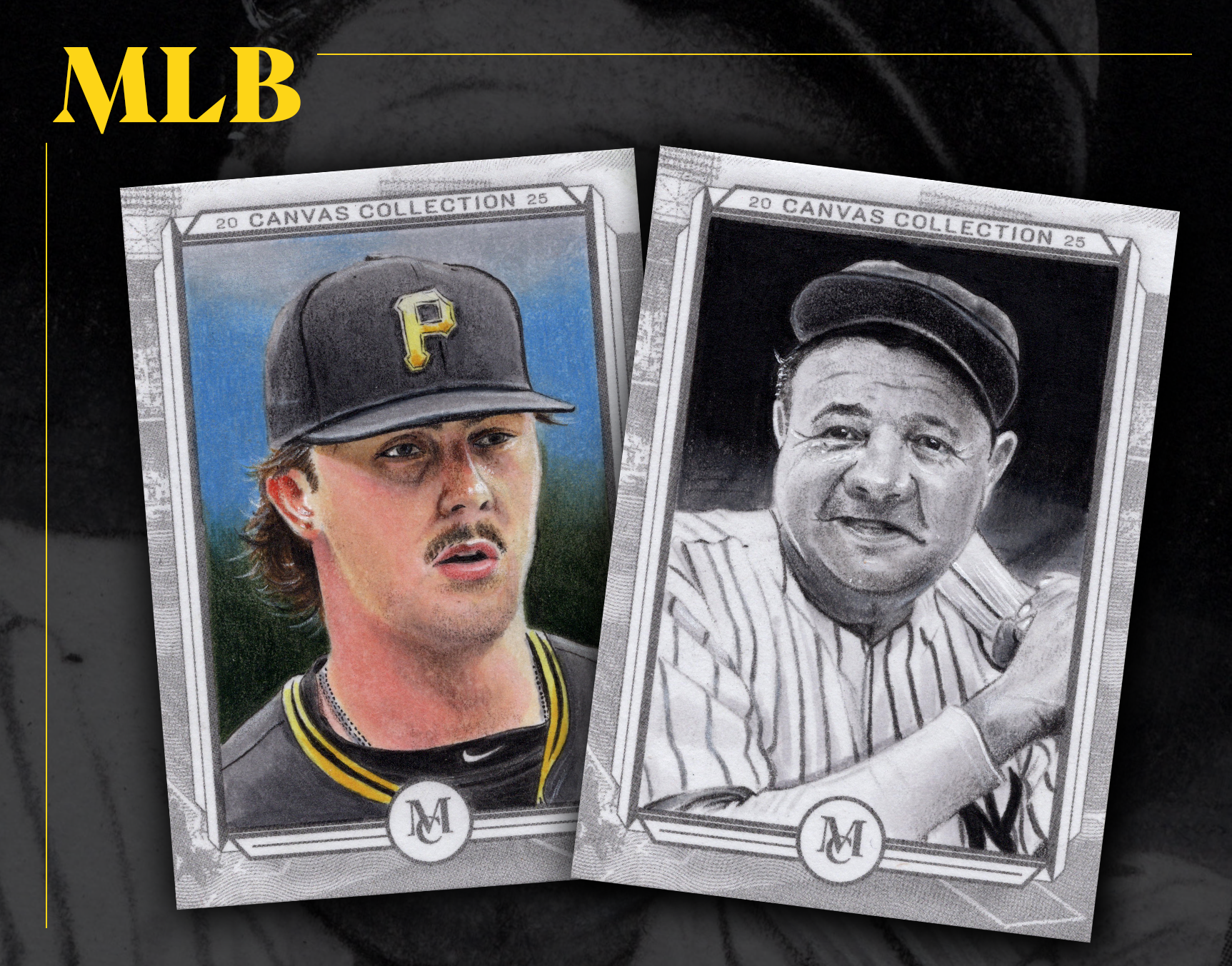 Color illustrated baseball trading cards featuring a player in a black Pittsburgh Pirates cap and a player in a striped uniform with a black cap, laid on a dark surface.