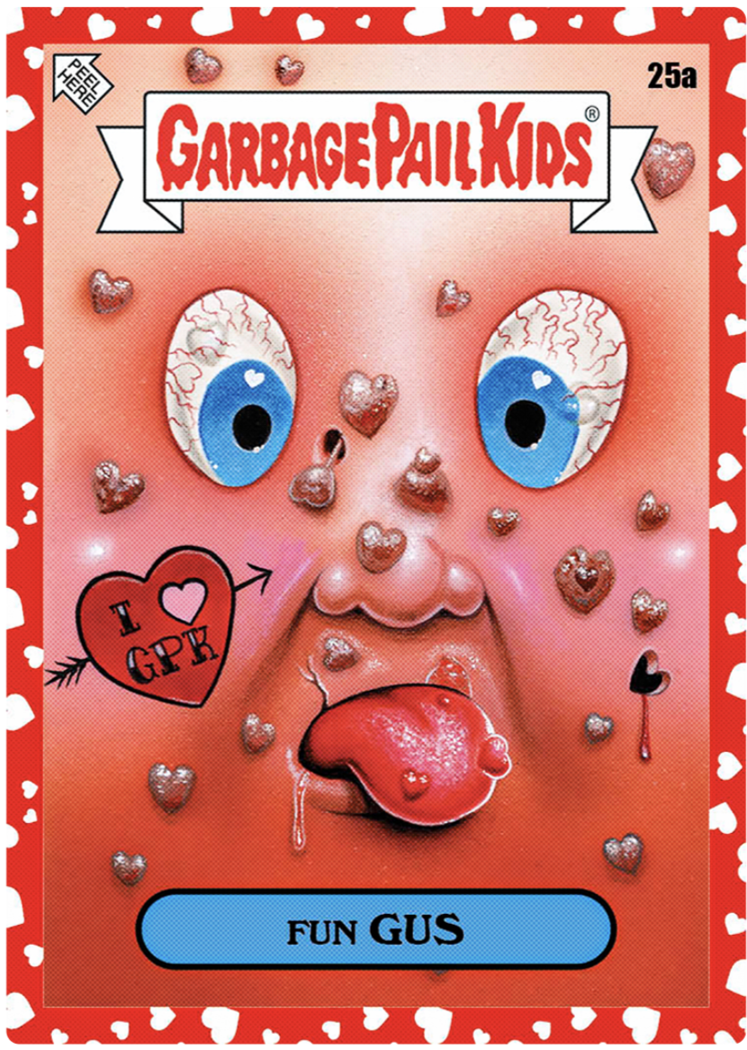 A toy prank pretending to be a package of garbage pail kids, labeled 'Fun Gus,' with a face featuring eyeballs, a nose, and a tongue.