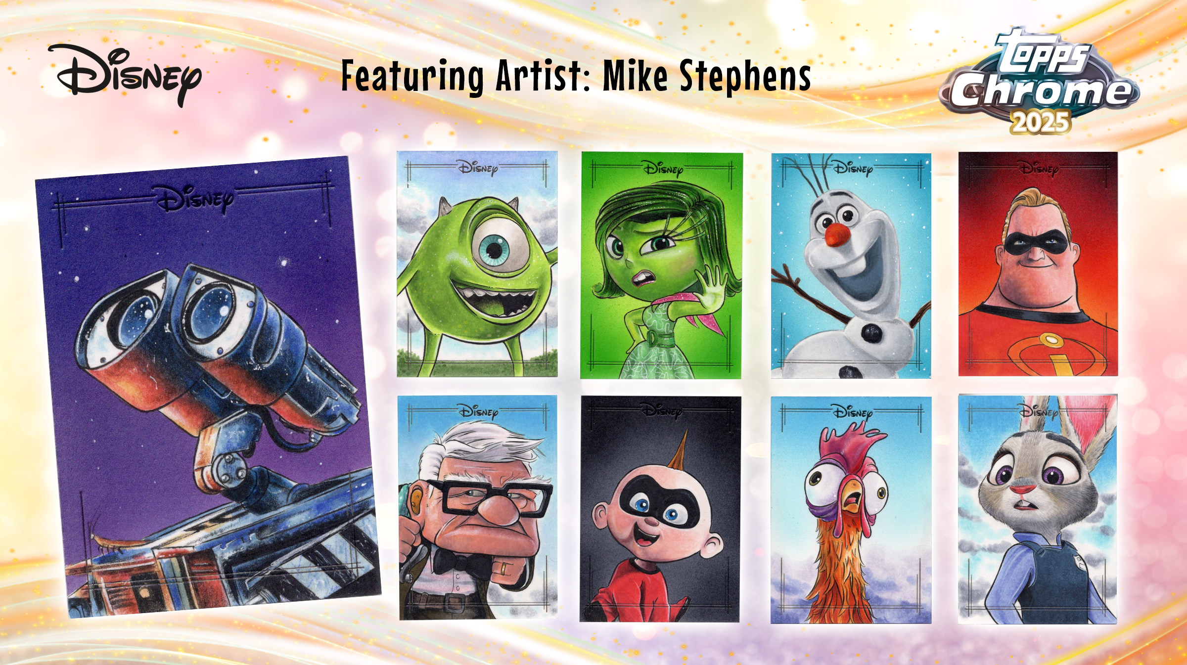 Disney Topps Chrome 2025 card set featuring artwork by Mike Stephens, including characters from Monsters, Inc., The Incredibles, Zootopia, Ralph Breaks the Internet, and other Disney animated films.