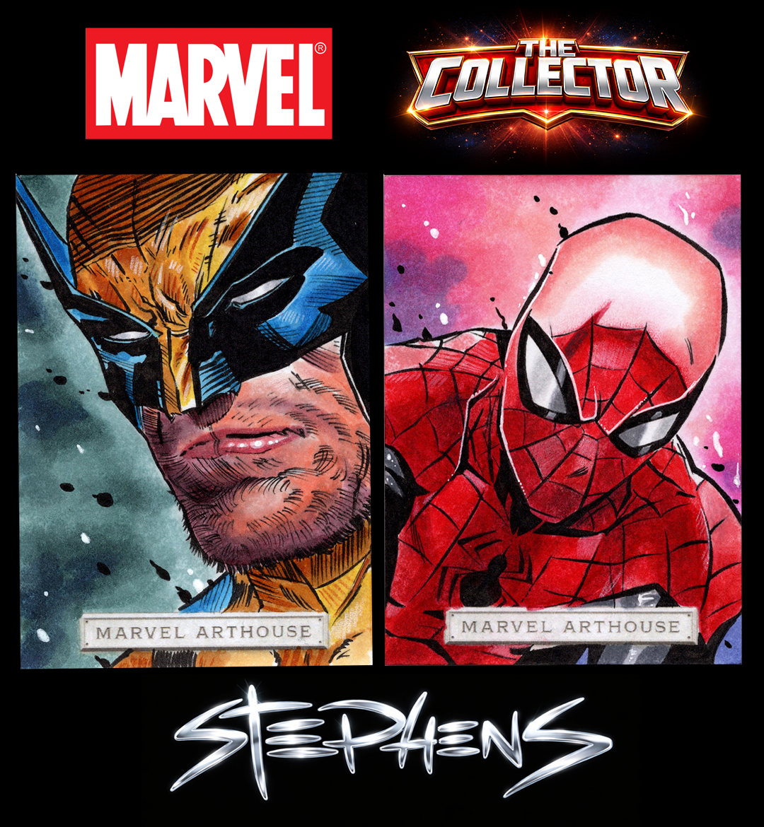 Marvel collectible cards featuring Wolverine and Spider-Man, with Marvel and The Collector logos, and artist signature 'Stephens'.