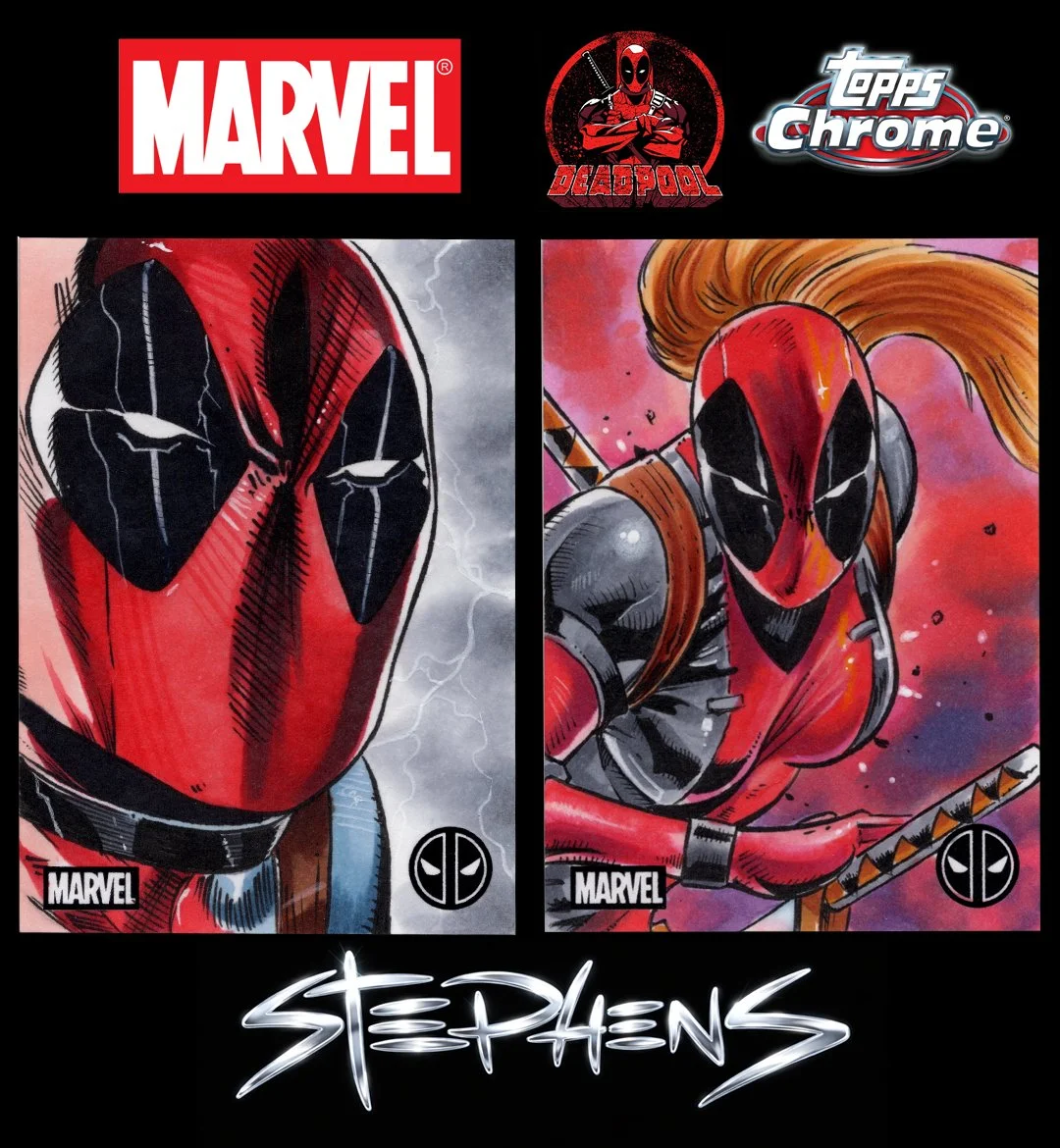 Marvel comic book cover featuring Deadpool and Lady Deadpool with logos for Marvel, Deadpool, Topps Chrome, and Stephen's.