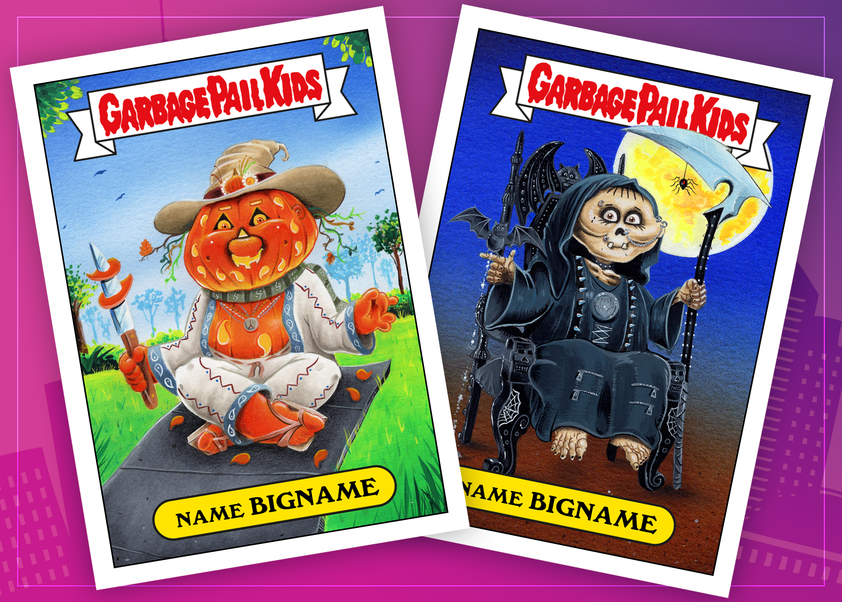 Two Halloween-themed Garbage Pail Kids trading cards. The left card features a pumpkin-headed character dressed as a wizard, sitting outdoors on a stone slab with a large hat, a knife, and orange leaves around. The right card shows a witch-like figure with pale skin, dark hair, and wings, sitting on a black ornate chair against a full moon with a spider hanging from an umbrella, holding a staff topped with a bat. Both cards have a red "Garbage Pail Kids" logo at the top and a yellow banner at the bottom labeled "Name Bigname".