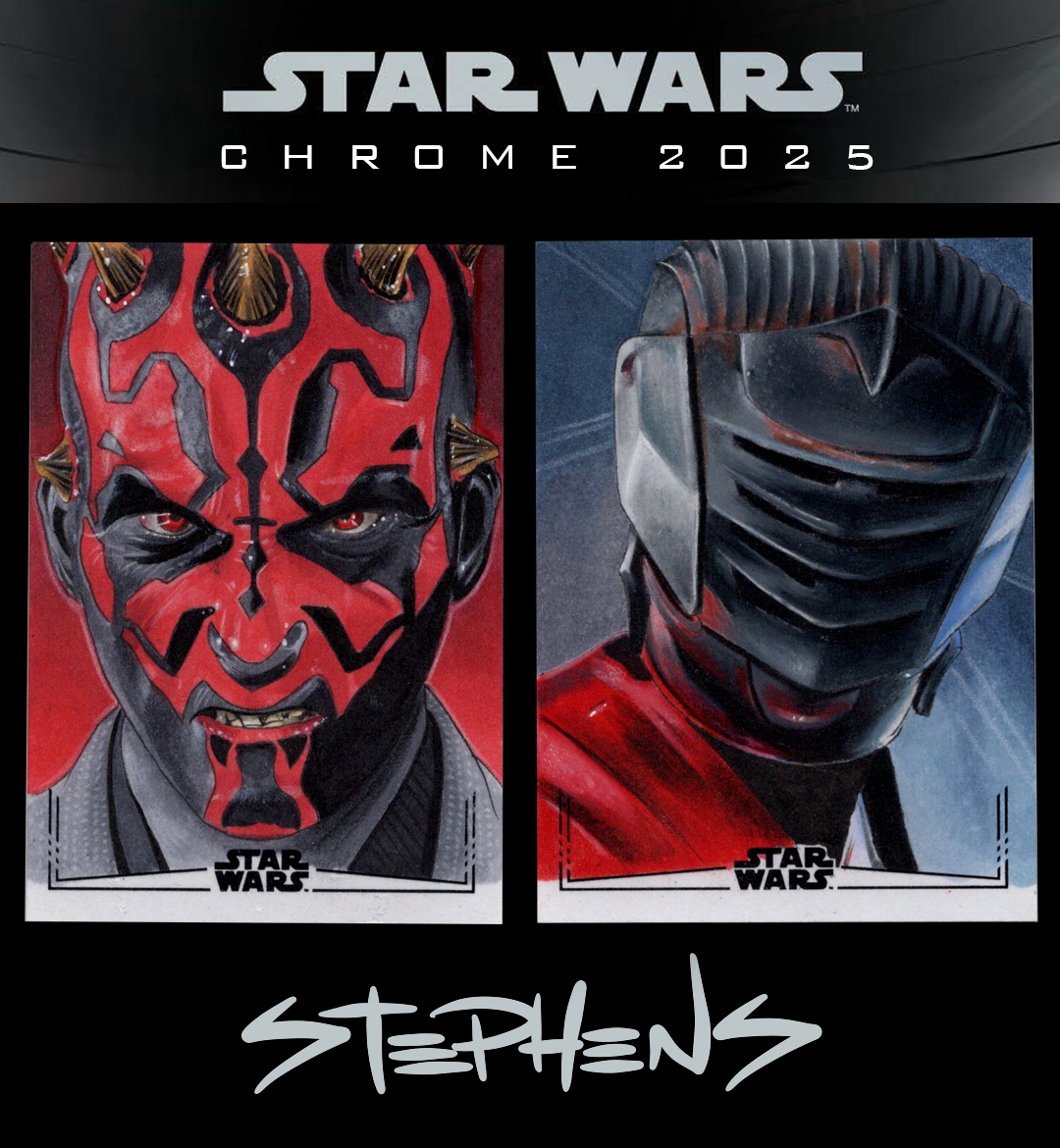 Star Wars Chrome 2025 art prints featuring Darth Maul with red face and black markings on the left, and a Black Series Mandalorian helmet with red and black armor on the right.