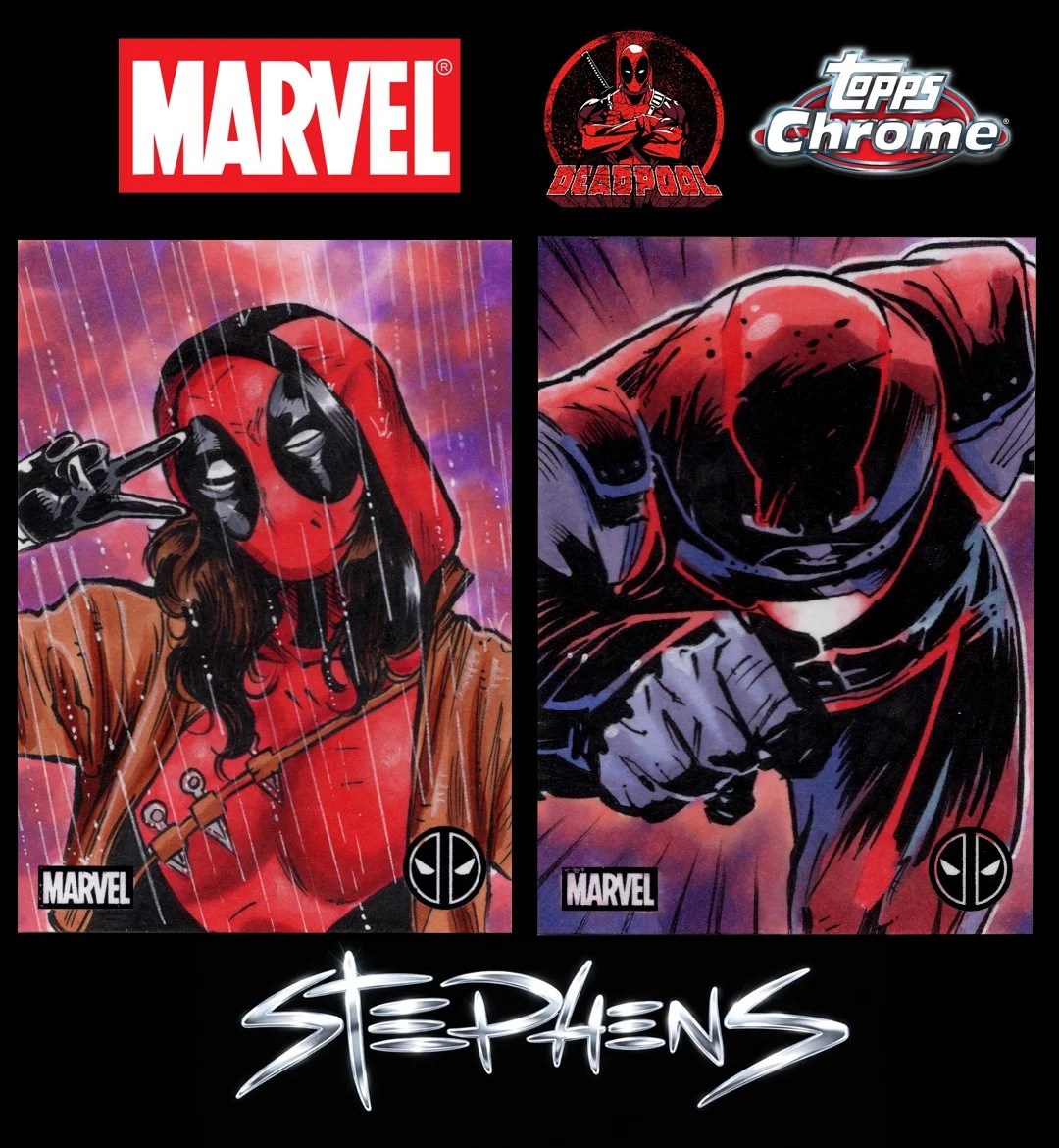 Marvel comic cover featuring Deadpool, also known as Wade Wilson, on the left, and Daredevil, also known as Matt Murdock, on the right, with Marvel and Topps Chrome logos at the top and the name 'Stephens' at the bottom.