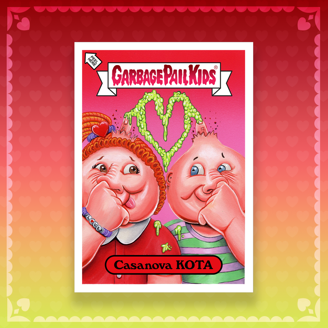 Colorful book cover for Garbage Pail Kids featuring two cartoon characters, a girl with red curly hair and a boy with a bald head, both making silly faces with their fingers in their noses, a green heart-shaped graphic in the background, and the title in bold red letters.