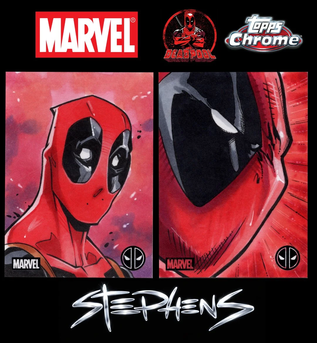 The image features two comic book style illustrations of Deadpool, with symbols of Marvel, a Deadpool logo, and a Topps Chrome logo at the top. The bottom of the image displays the name 'Stephan' in a stylized handwritten font.