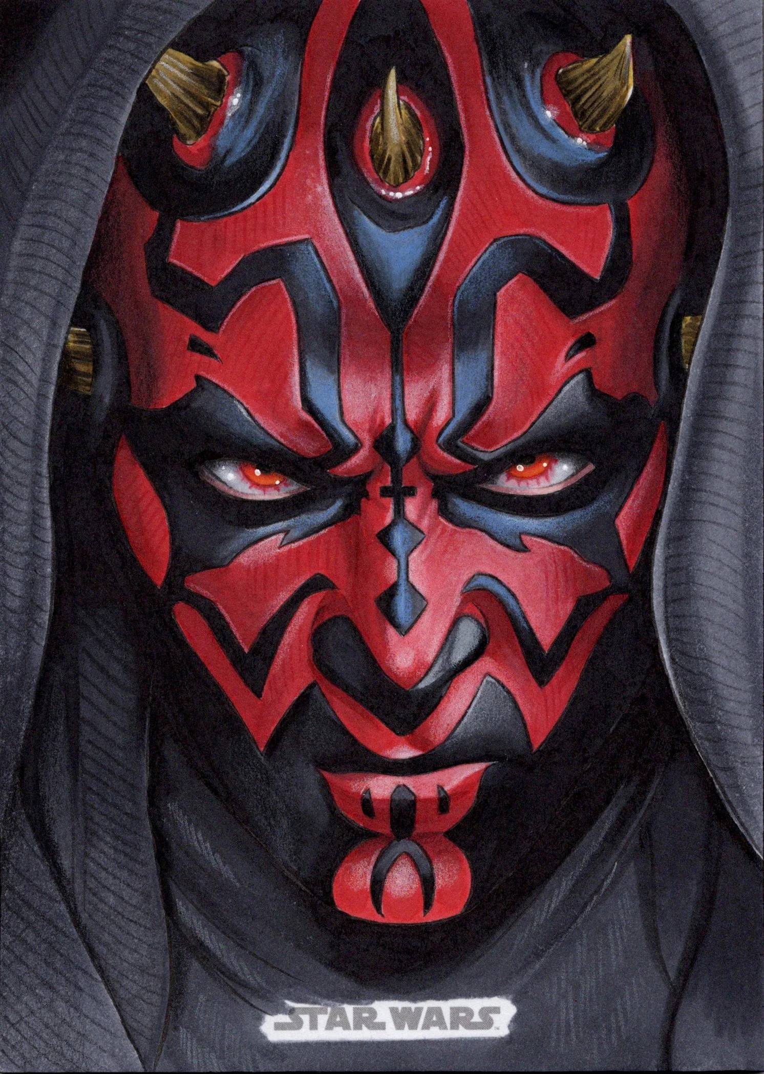 Close-up of a Star Wars character with red and black facial markings, glowing red eyes, wearing a black hood and a black cloak.