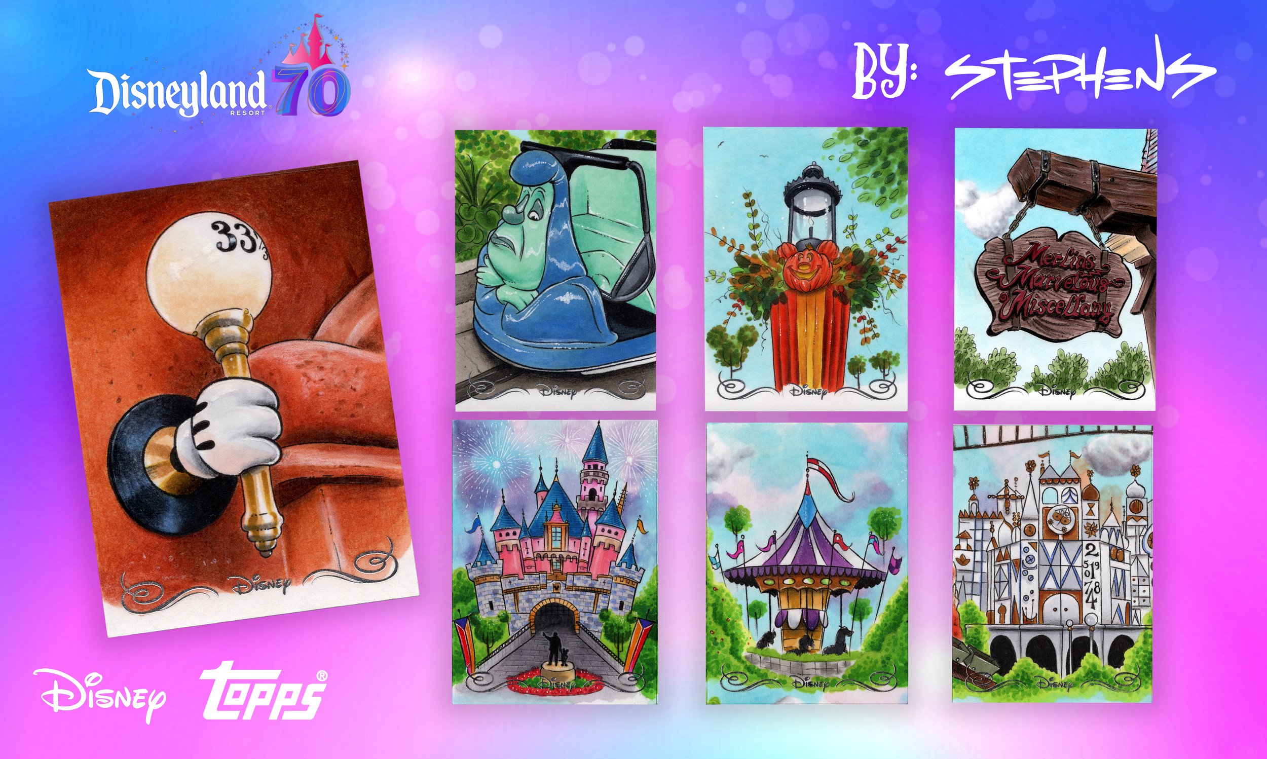 Collection of six Disney-themed collectible cards celebrating Disneyland's 70th anniversary, featuring images of a billiard ball with the number 33, a gorilla pushing a wheelchair, a pumpkin-themed lantern, a sign for Merlin's Marvelous Miscellany shop, Sleeping Beauty Castle, a colorful carousel, and the Disney California Adventure Tower with a train.